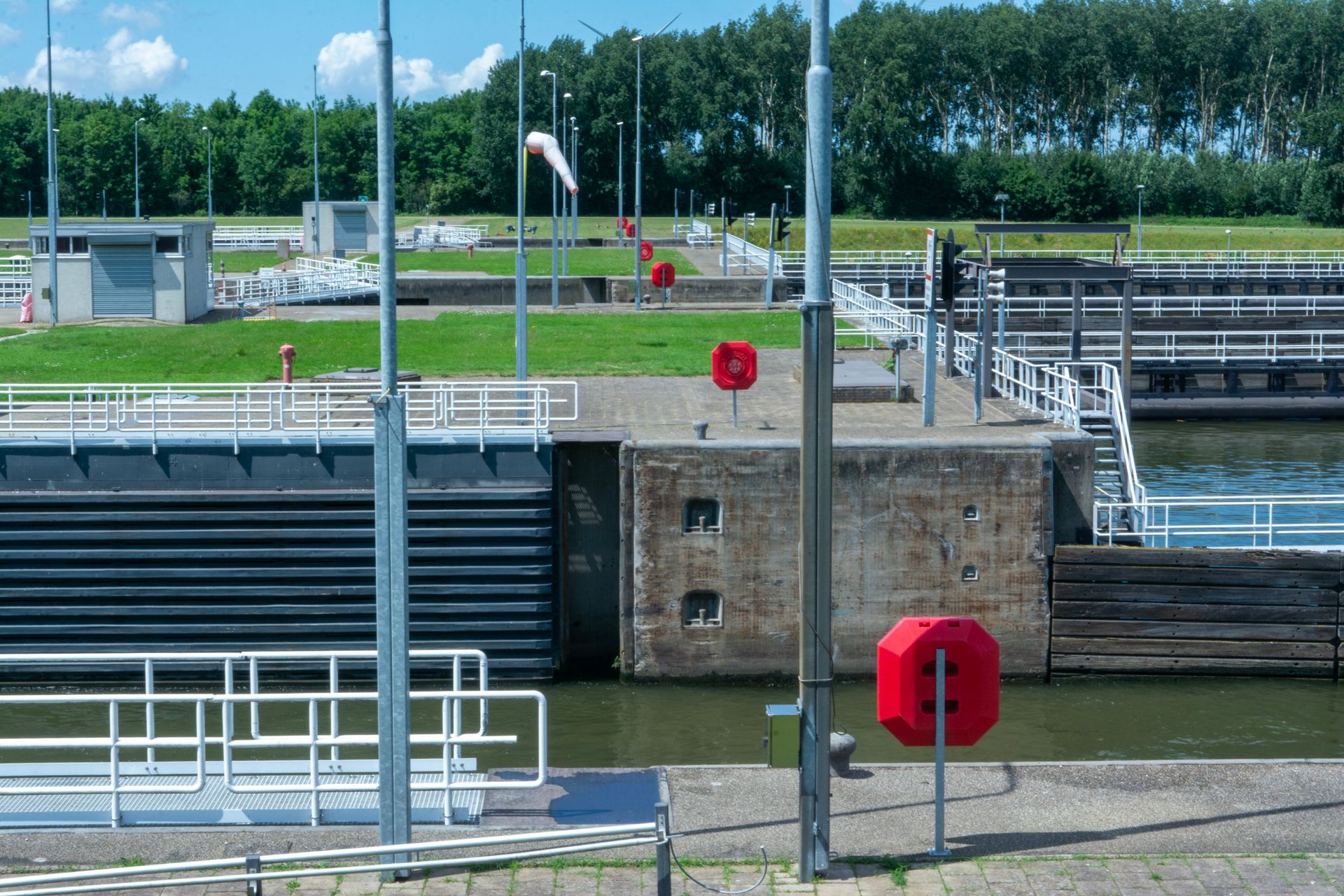 Lock gates on a European canal at dusk